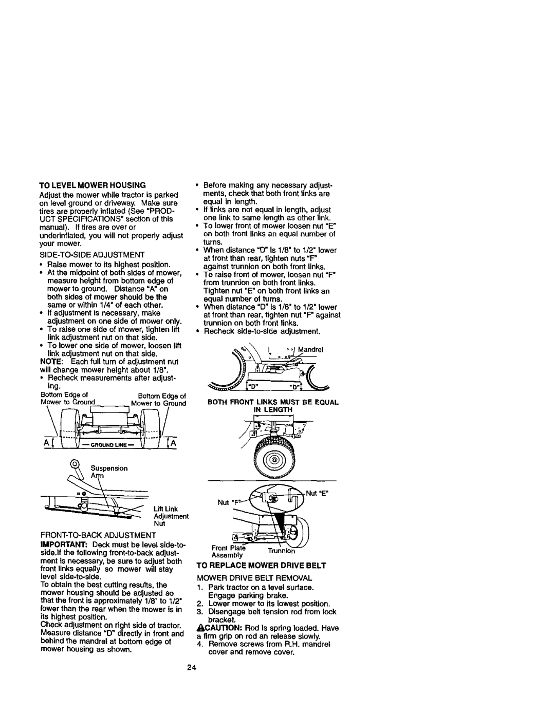 Craftsman 917272261 owner manual Tolevelmowerhousing, SIDE-TO-SIDE Adjustment, Both Front Links Must be Equal Length 