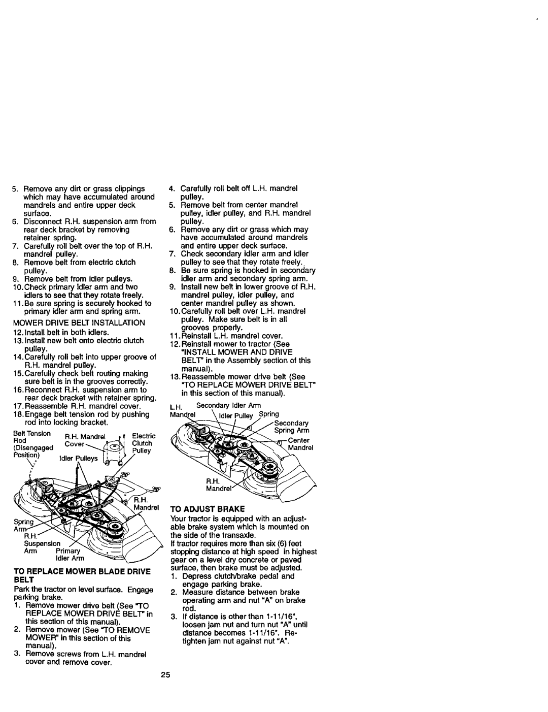 Craftsman 917272261 owner manual To Replace Mower Blade Drive Belt, To Adjust Brake 