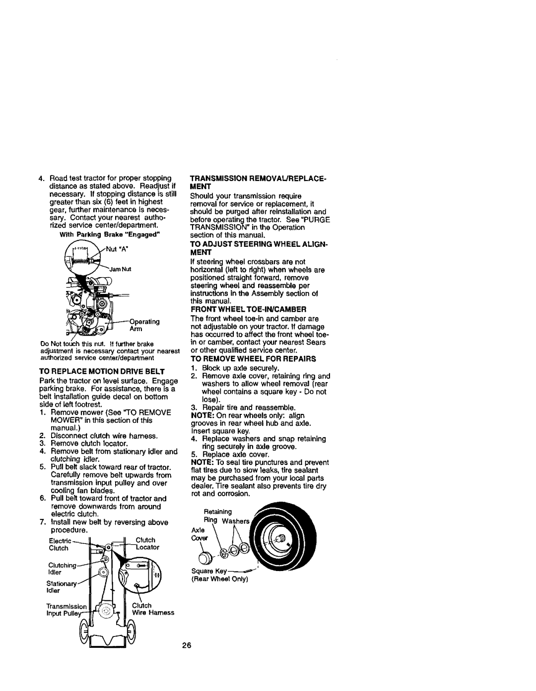 Craftsman 917272261 To Replace Motion Drive Belt, Transmission REMOVAIJREPLACE- Ment, To Adjust Steering Wheel ALIGN- Ment 