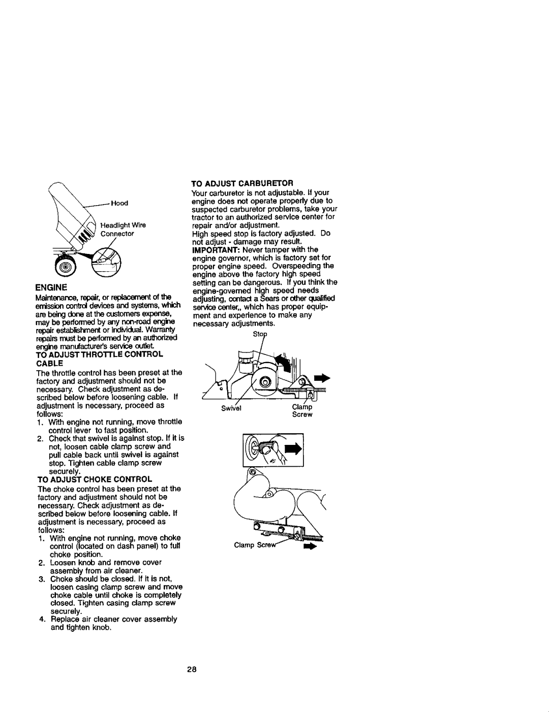 Craftsman 917272261 owner manual To ADJUSTTHROnLE Control Cable, Adjustment is necessary, proceed as follows, Securely 