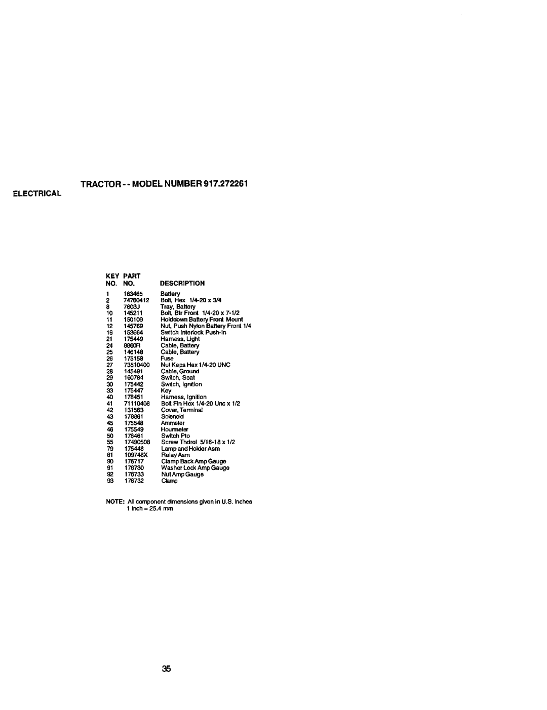 Craftsman 917272261 owner manual Tractor --MODEL Number, KEY Part Description 