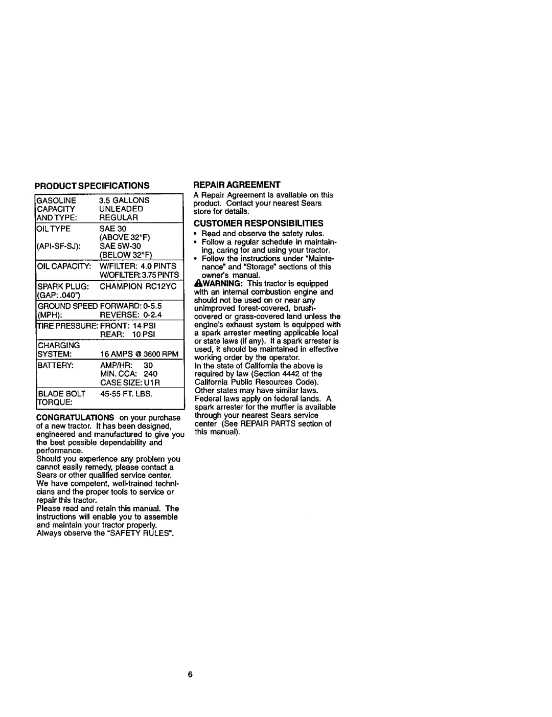 Craftsman 917272261 owner manual OFILTER3.75PINTS, Reverse, Repair Agreement, Customer Responsibilities 