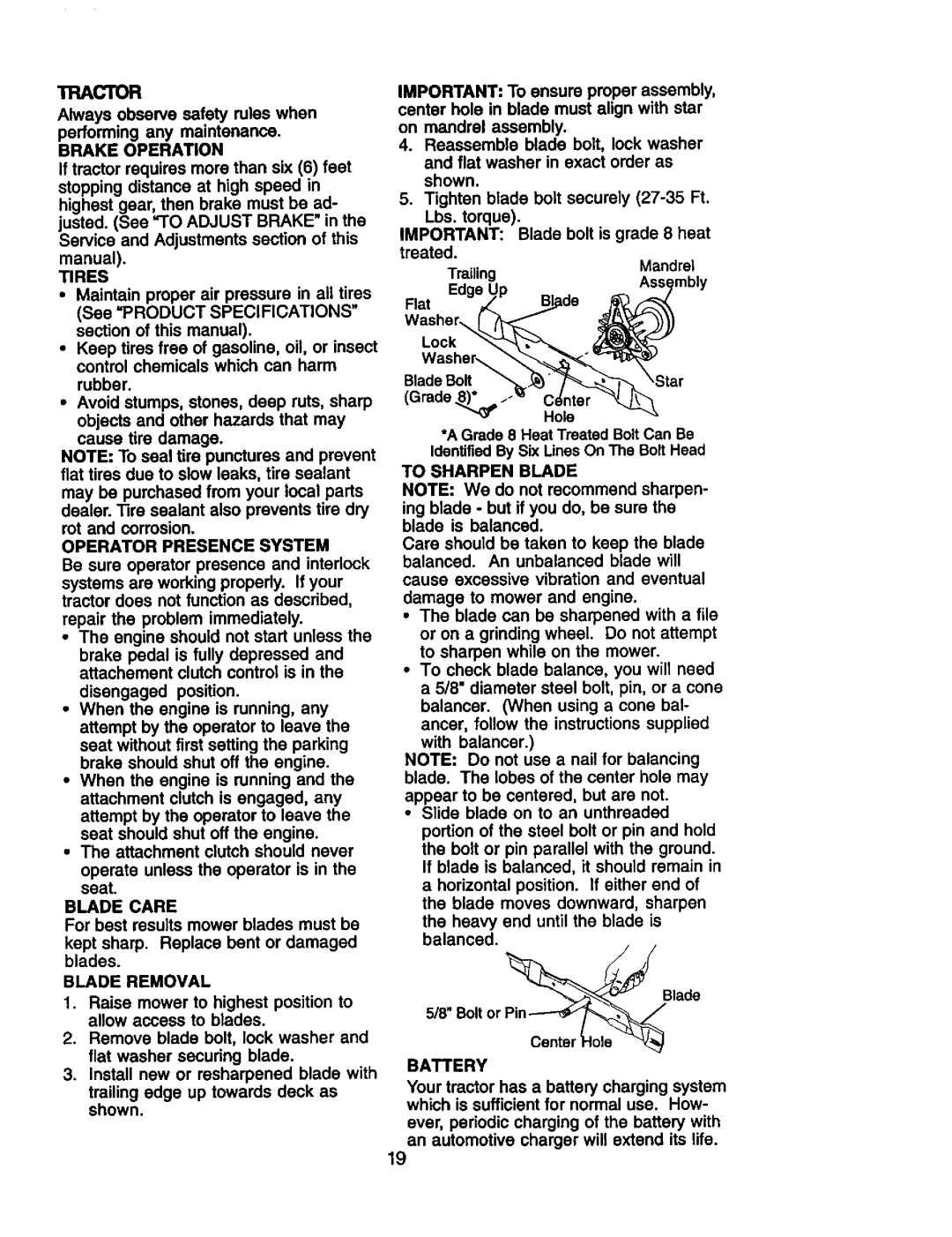 Craftsman 917.272281 owner manual Tractor, Battery 