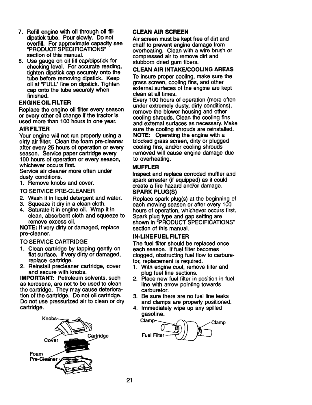 Craftsman 917.272281 owner manual Engine OIL Filter, AIR Filter 