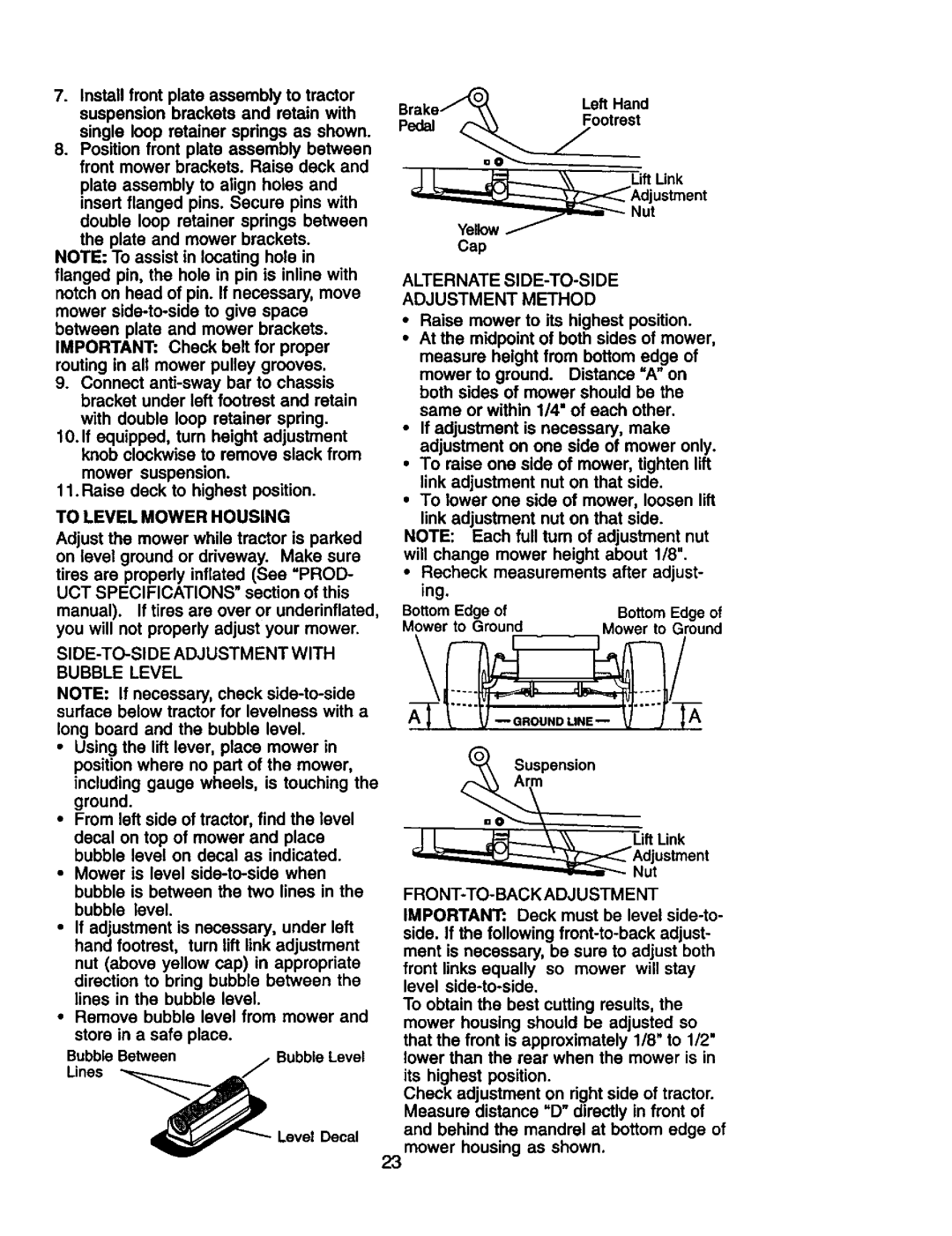 Craftsman 917.272281 owner manual To Level Mower Housing, SIDE-TO-SIDE Adjustment with Bubble Level 