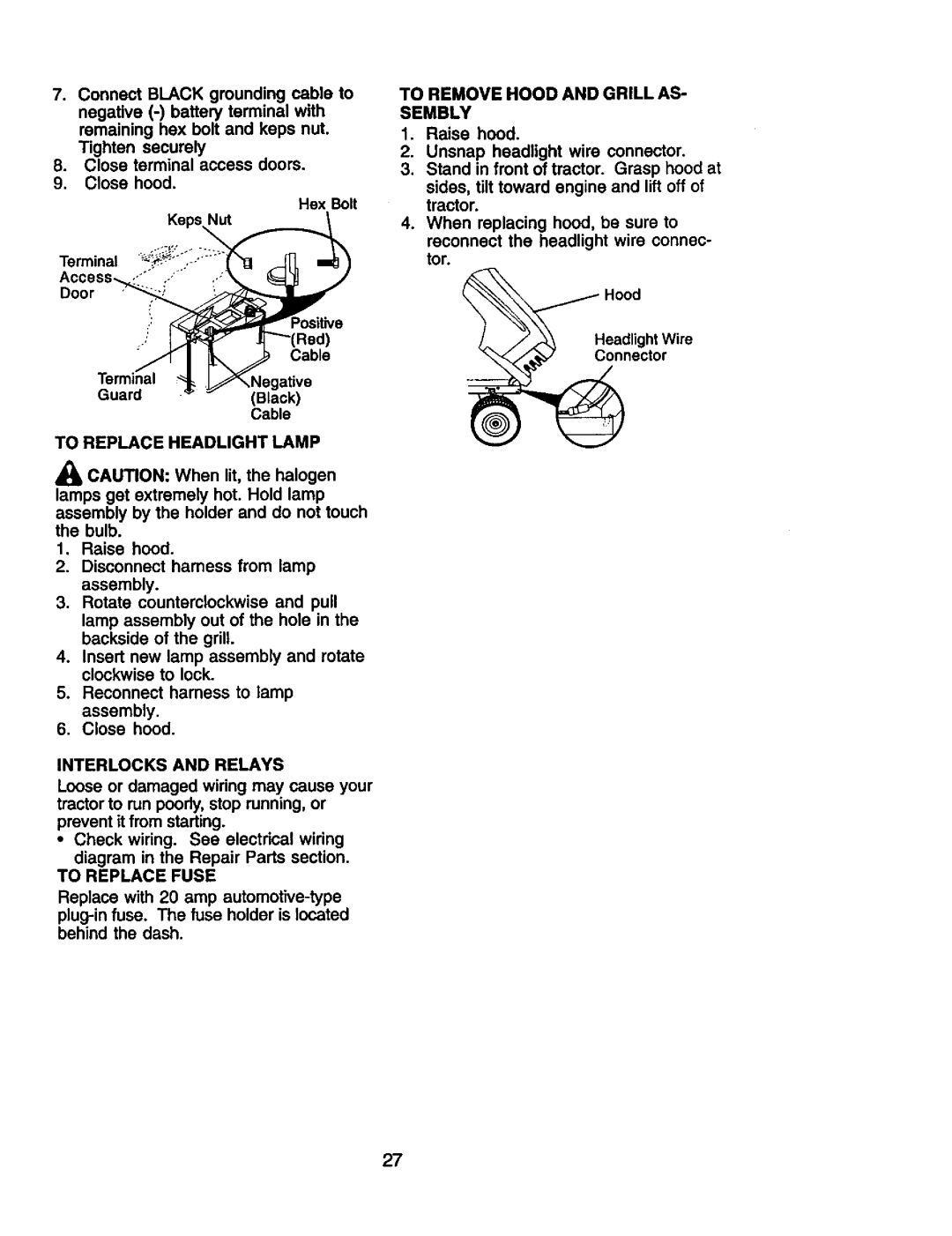 Craftsman 917.272281 owner manual To Replace Headlight Lamp, Interlocks and Relays, To Replace Fuse 