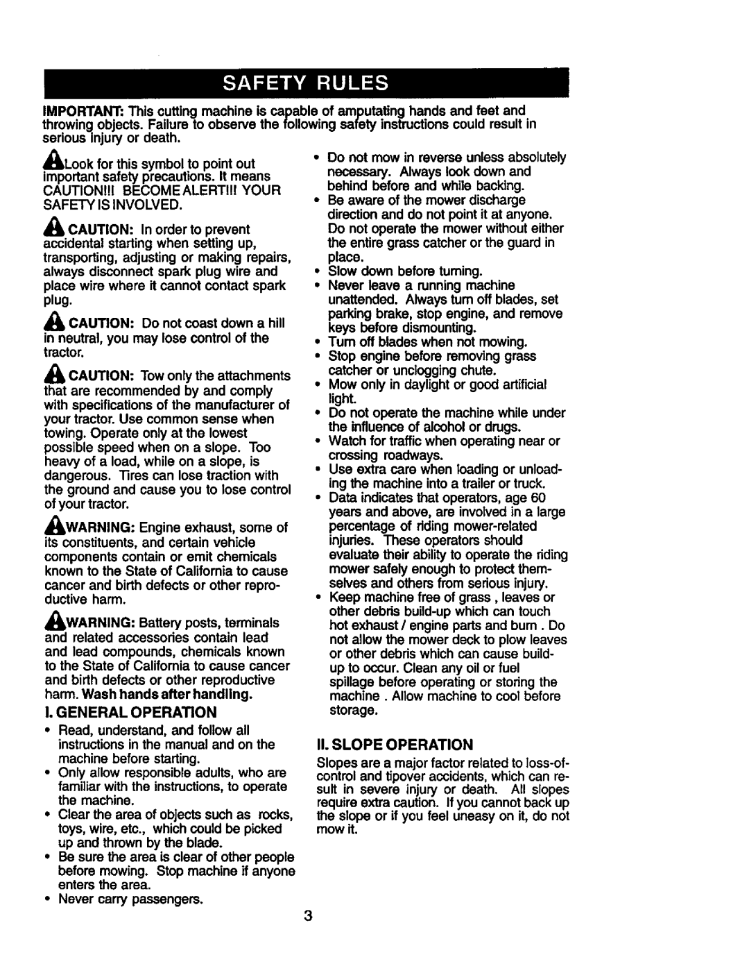 Craftsman 917.272281 owner manual General Operation, II. Slope Operation 