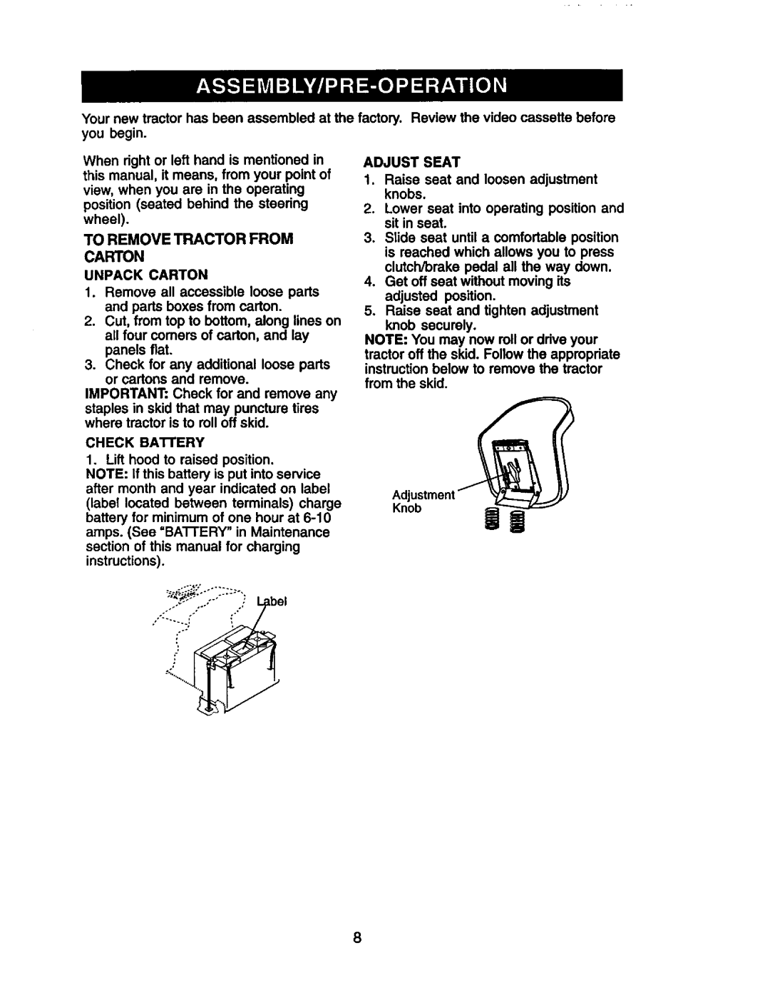 Craftsman 917.272281 owner manual To Remove Tractor from Carton Unpack Carton, Adjust Seat, Check Battery 