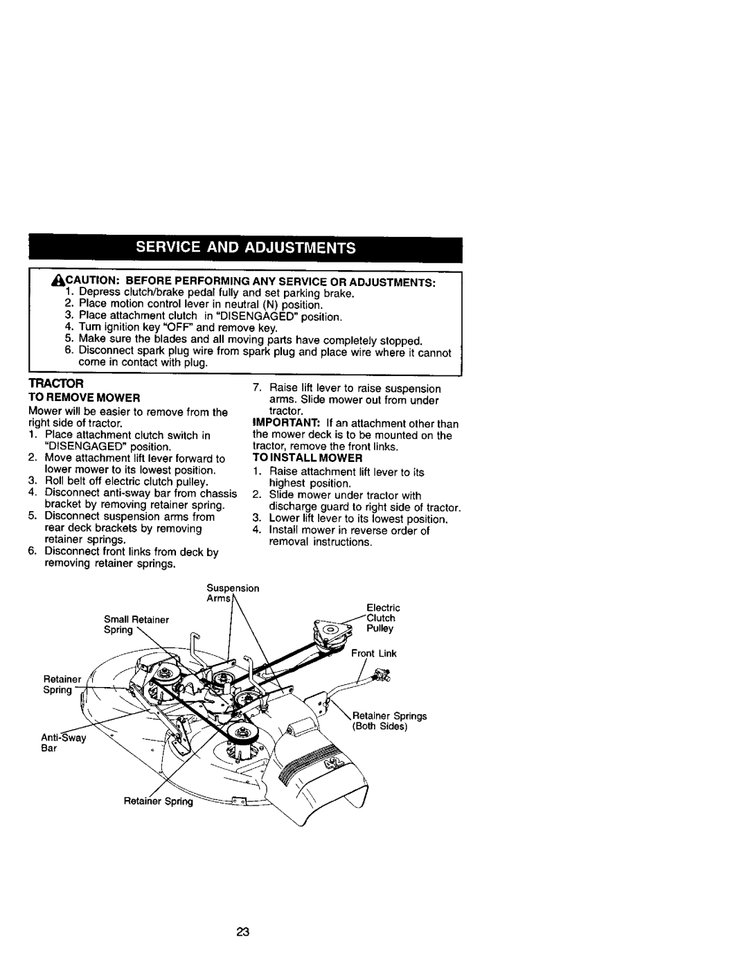 Craftsman 917.27242 To Remove Mower, Move attachment lift lever forward to, To Install Mower, Retainer Spring, Bar 