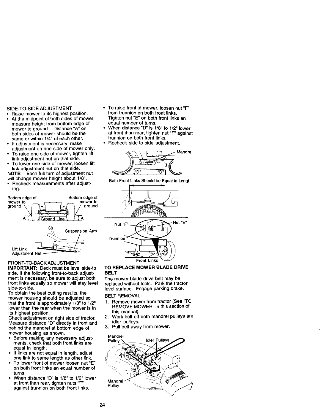 Craftsman 917.27242 owner manual SIDE-TO-SIDE Adjustment, Mower to, To Replace Mower Blade Drive Belt, Belt Removal 