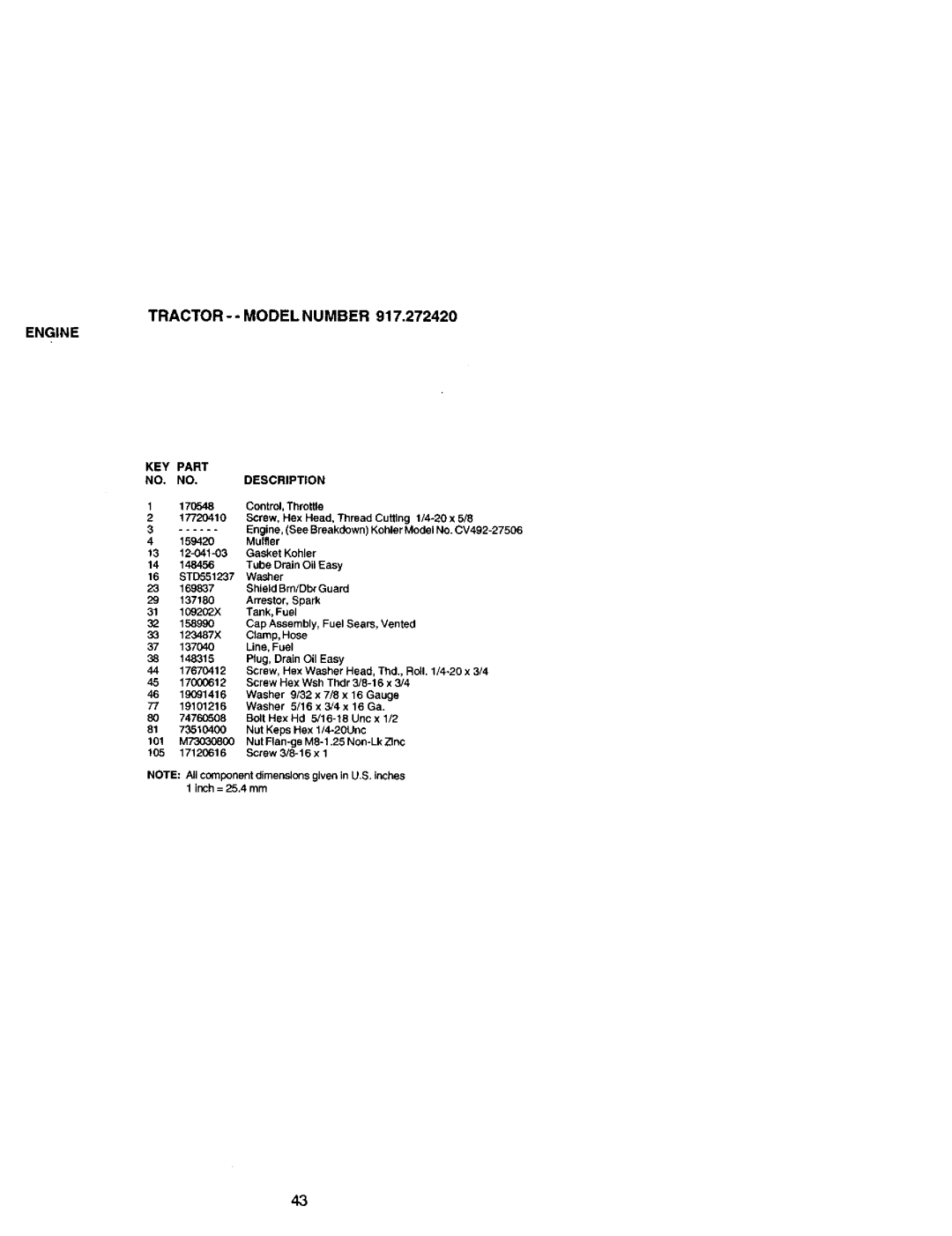 Craftsman 917.27242 owner manual TRACTOR-- Modelnumber, KEY Part NO. NO.DESCRIPTION 