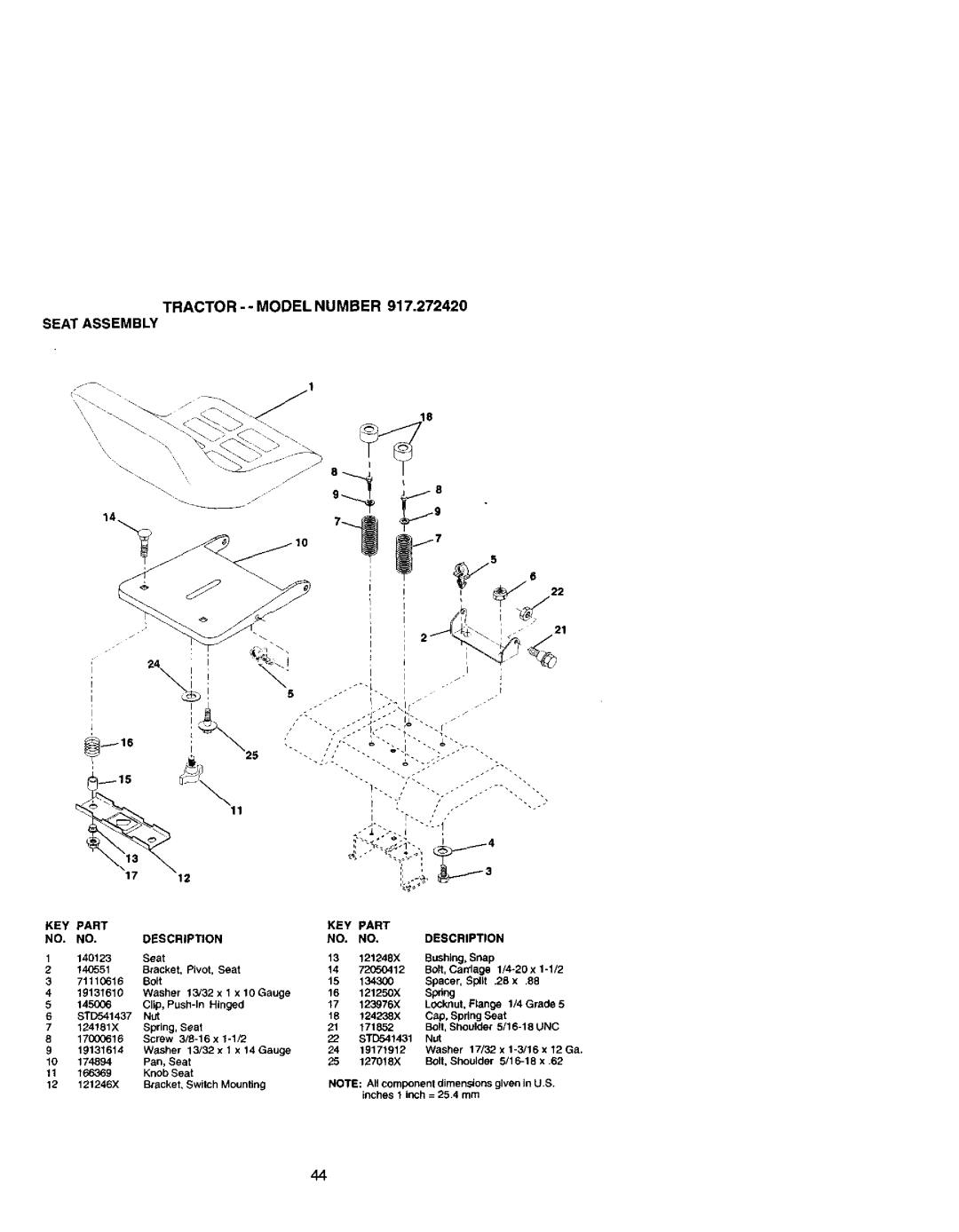 Craftsman 917.27242 owner manual TRACTOR--MODEL Number Seat Assembly 