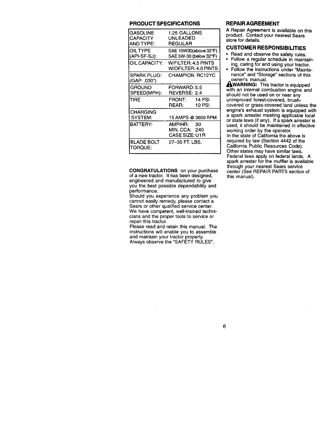 Craftsman 917.27242 Product Specifications, Gallons, Unleaded, Forward, Repair Agreement, Customer Responsibilities 