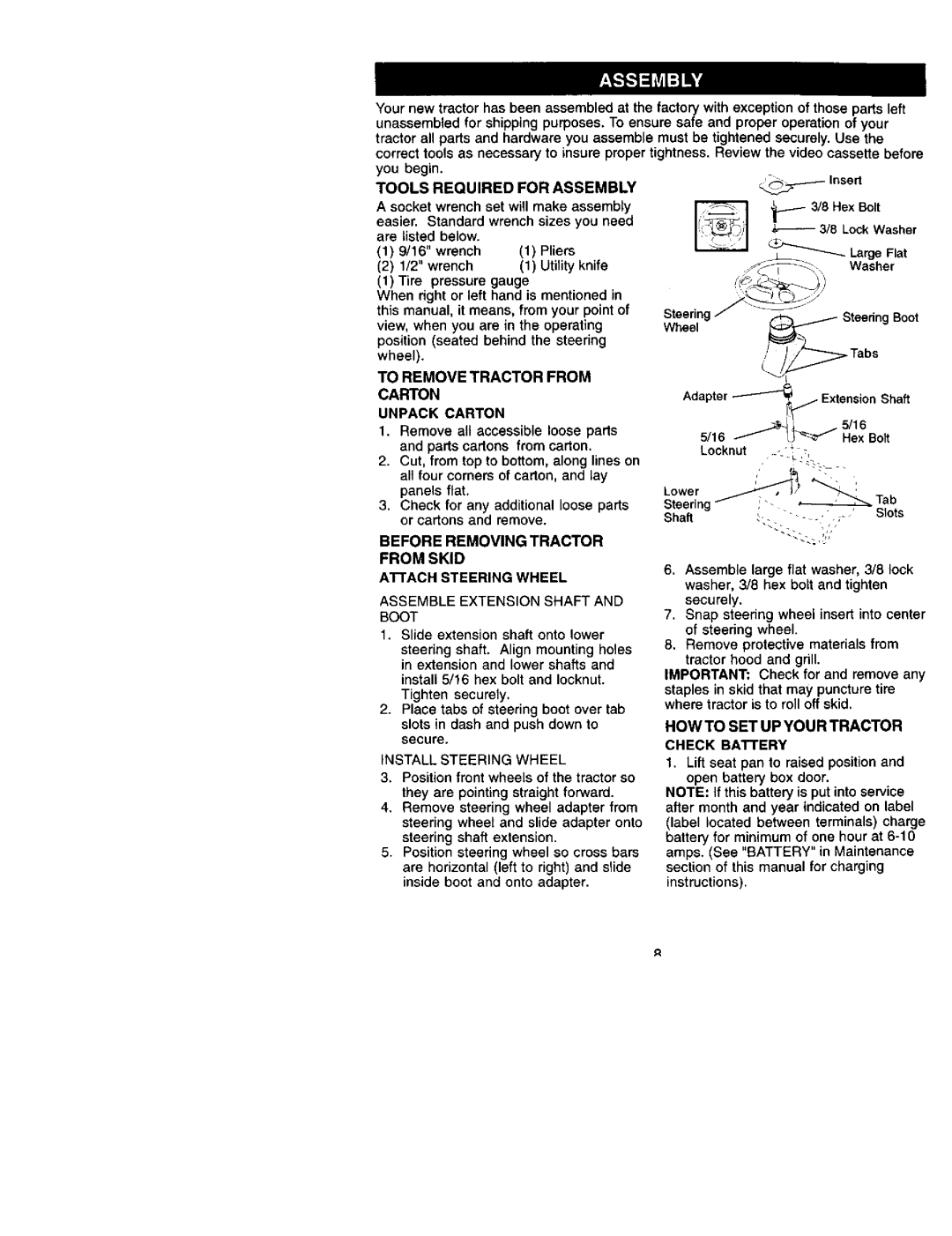 Craftsman 917.27242 Tools Required for Assembly, Carton Unpack Carton, HOW to SET UP Your Tractor Check Battery 