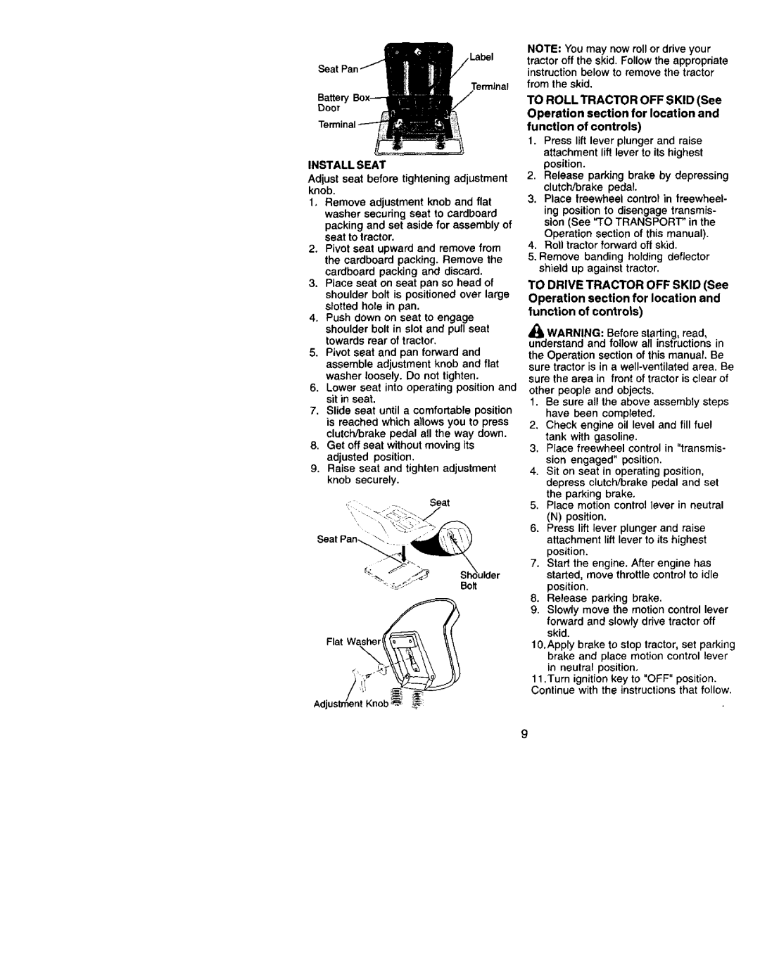 Craftsman 917.27242 owner manual Label, Battery Door, Install Seat, Sure the area in front of tractor is clear 