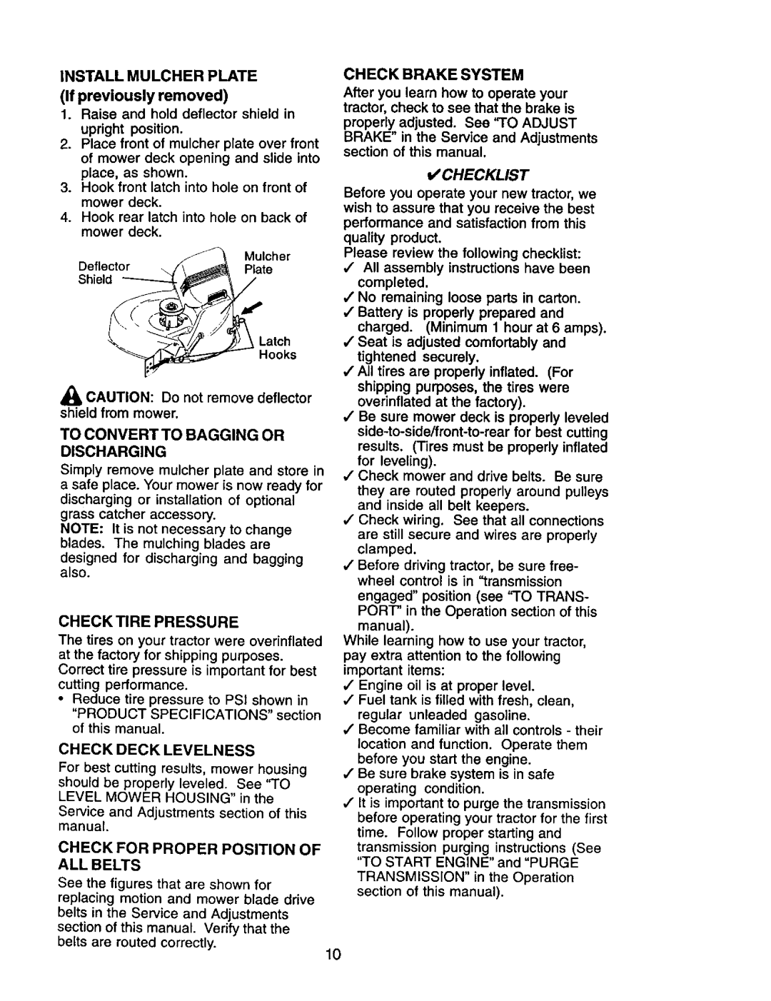 Craftsman 917.272464 owner manual Install Mulcher Plate, To Convert to Bagging or Discharging, Check Brake System 