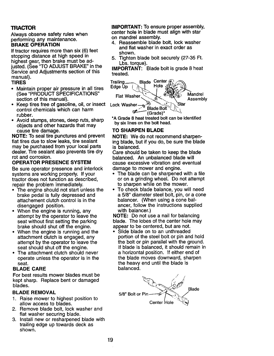 Craftsman 917.272464 owner manual Operator Presence System, Blade Care, Blade Removal, To Sharpen Blade 