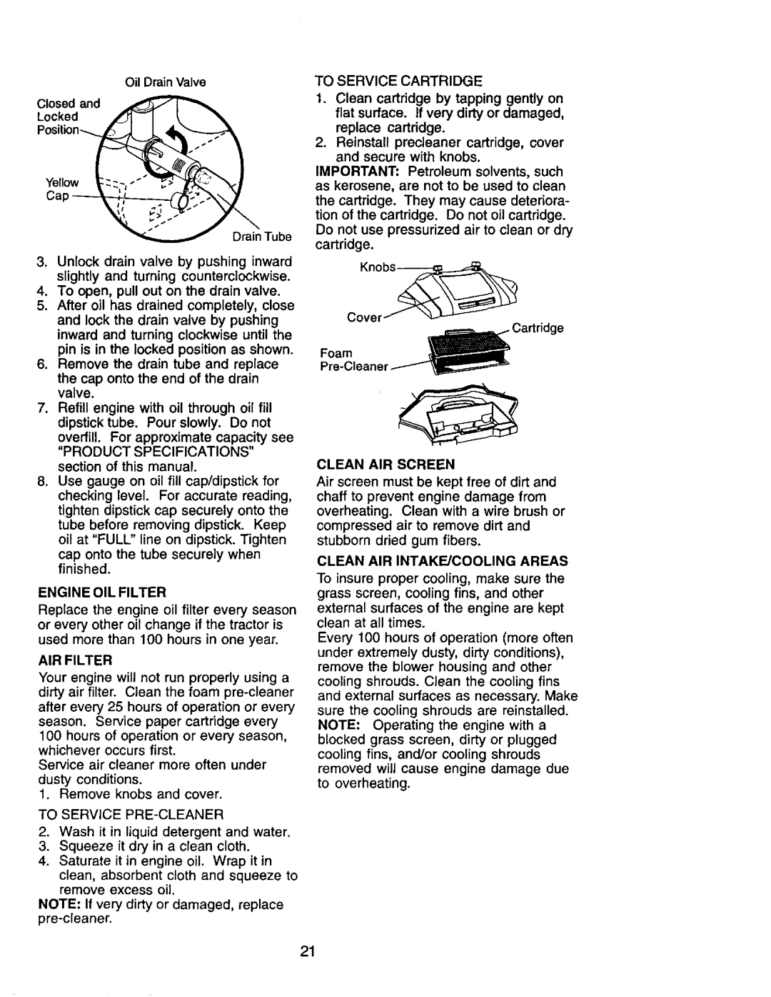 Craftsman 917.272464 owner manual Engine OIL Filter, Clean AIR Screen, AIR Filter, Clean AIR INTAKE/COOLING Areas 