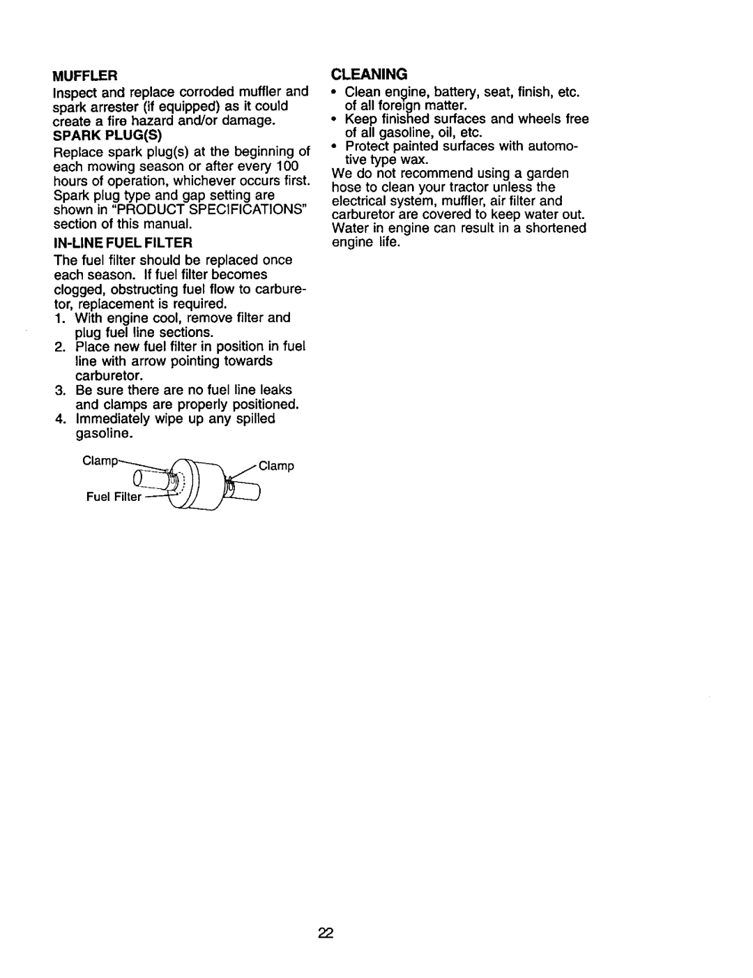 Craftsman 917.272464 owner manual Cleaning, Muffler, Spark Plugs, IN-LINE Fuel Filter 