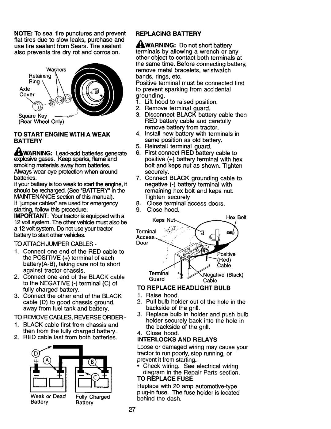 Craftsman 917.272464 owner manual To Replace Headlight Bulb, Interlocks and Relays, To Replace Fuse 