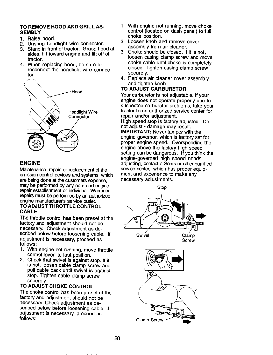 Craftsman 917.272464 owner manual Engine, To Remove Hood and Grill AS- Sembly, Cable, To Adjust Carburetor 