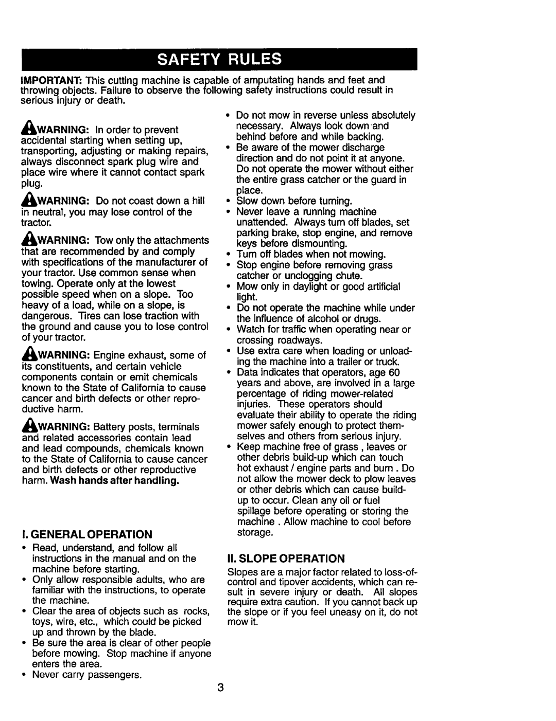 Craftsman 917.272464 owner manual General Operation, II. Slope Operation 