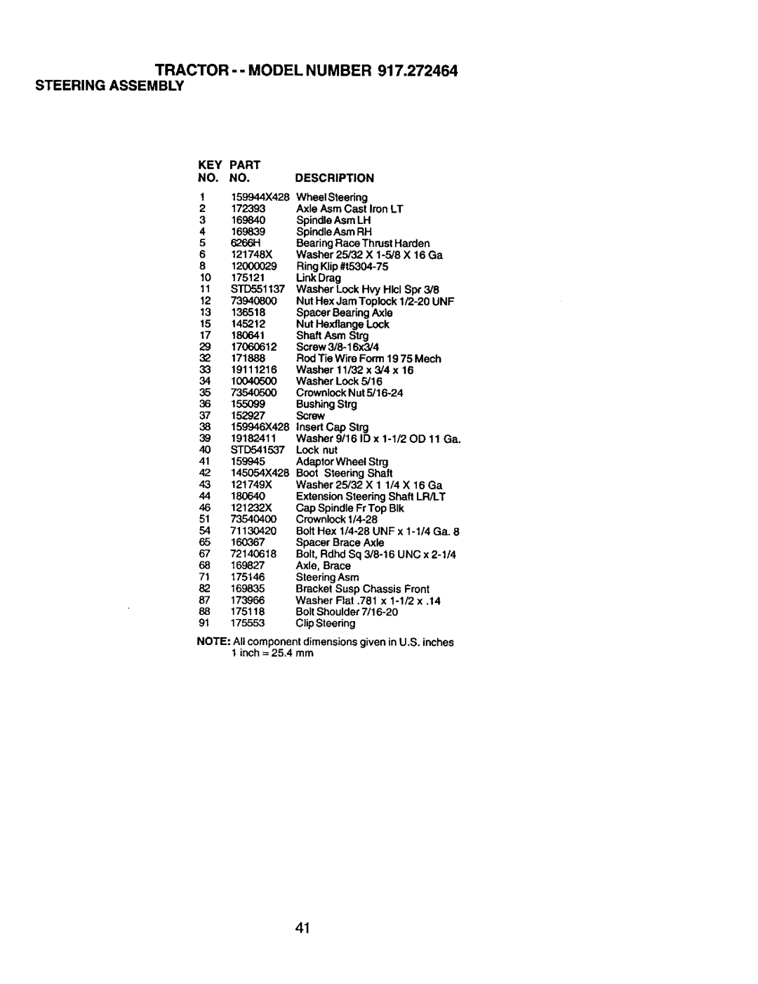 Craftsman owner manual Tractor --MODEL Number 917.272464 Steering Assembly, KEY Part NO. NO. Description 