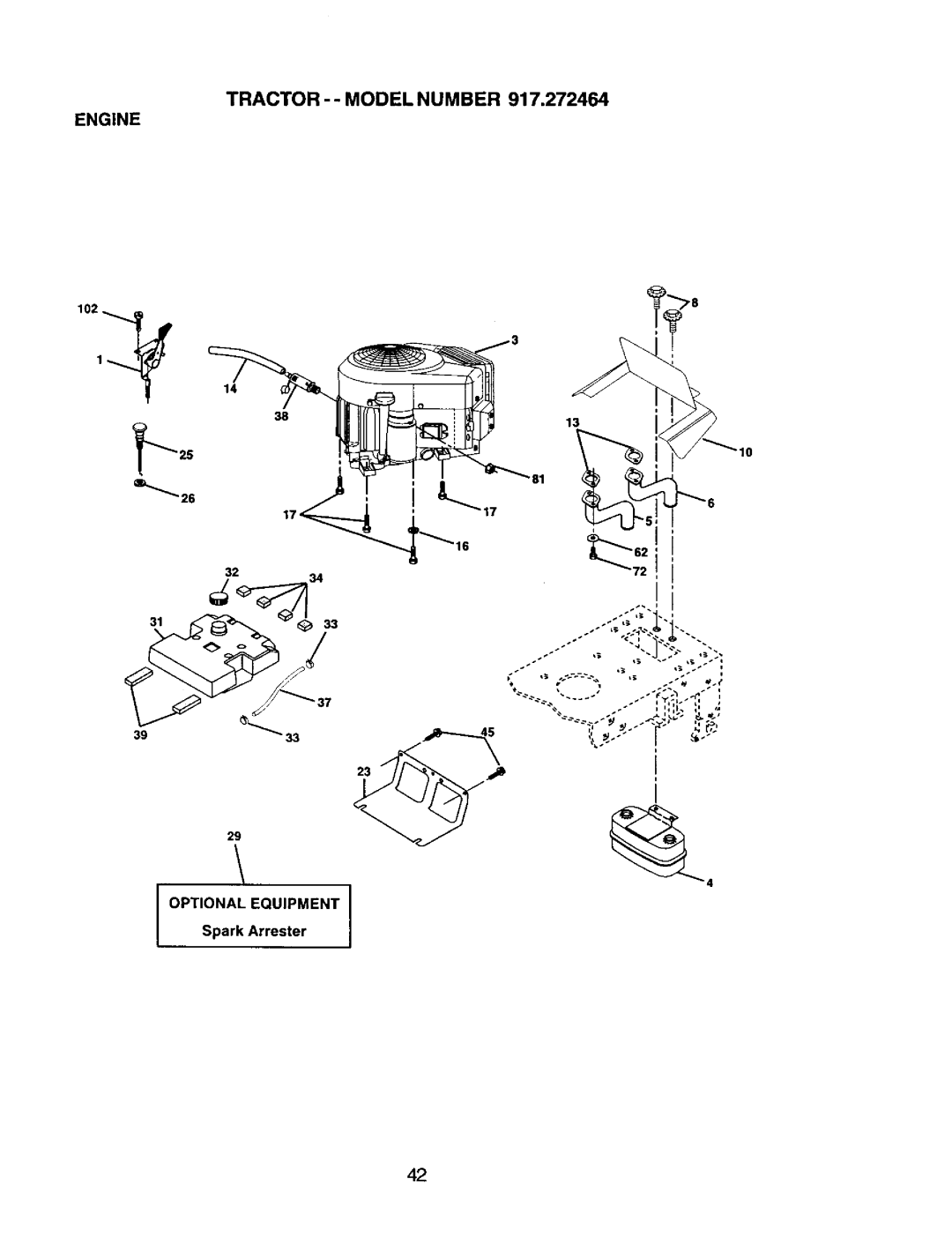 Craftsman 917.272464 owner manual Tractor - Model Number Engine, Optional Equipment, Spark Arrester 