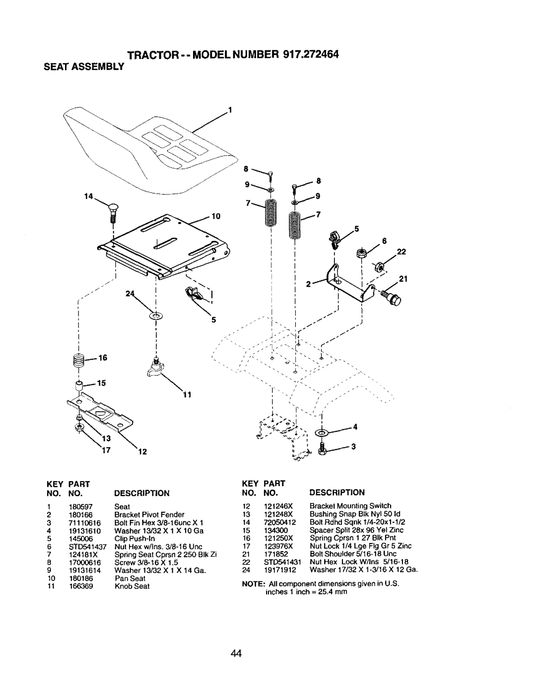 Craftsman 917.272464 owner manual Tractor - Model Number Seat Assembly, KEY Part 