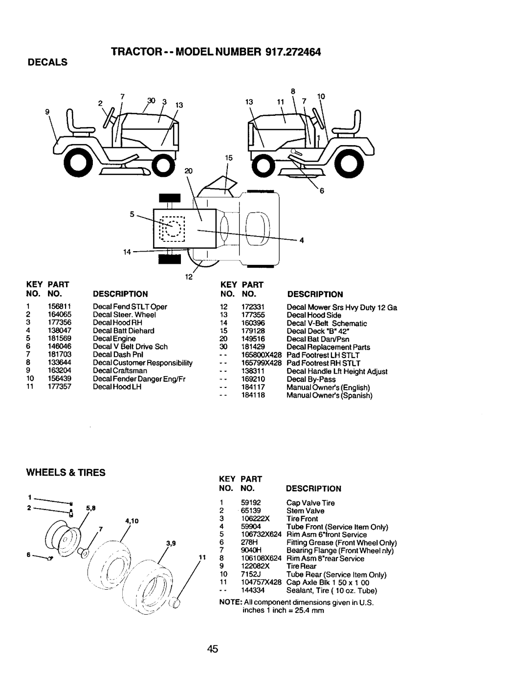 Craftsman 917.272464 owner manual Tractor - Model Number, Decals, Wheels & Tires KEY Part 