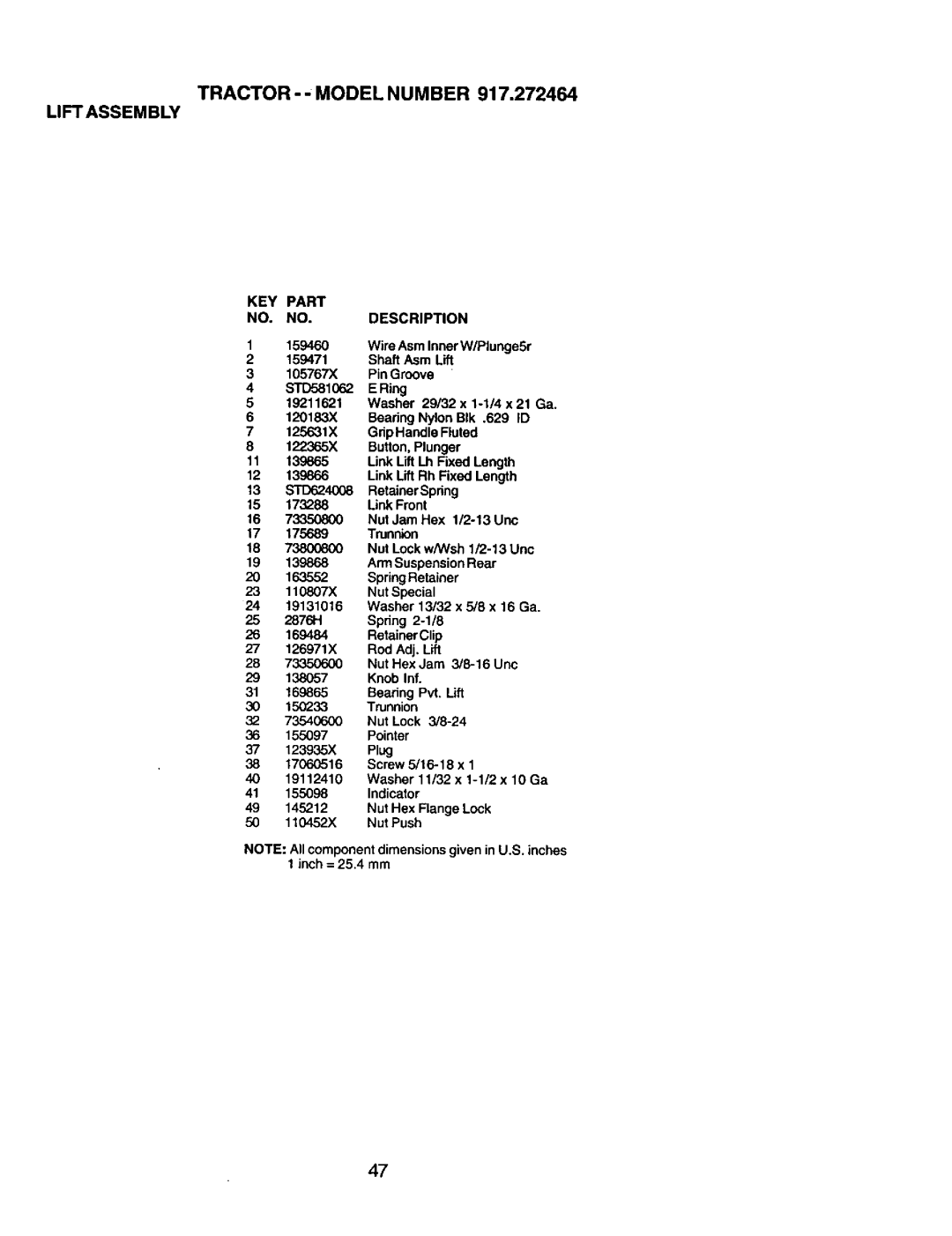 Craftsman 917.272464 owner manual Tractor - Model Number Liftassembly, KEY Part NO. NO. Description 