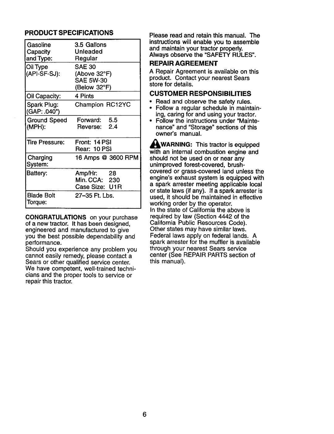 Craftsman 917.272464 owner manual Product Specifications, Repair Agreement, Customer Responsibilities, Api-Sf-Sj 