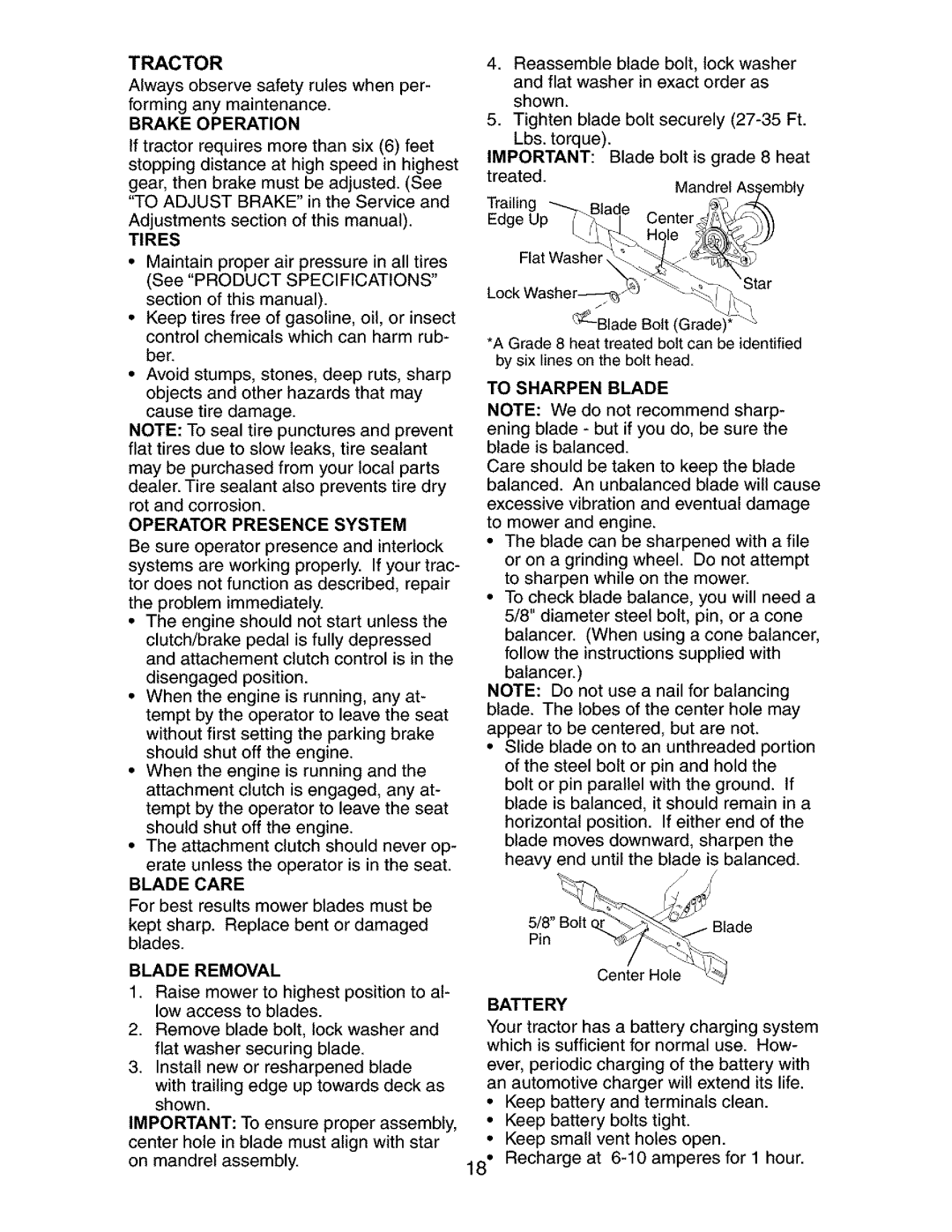 Craftsman 917.27267 owner manual Tractor, Brake Operation, Blade Removal, To Sharpen Blade, Battery 