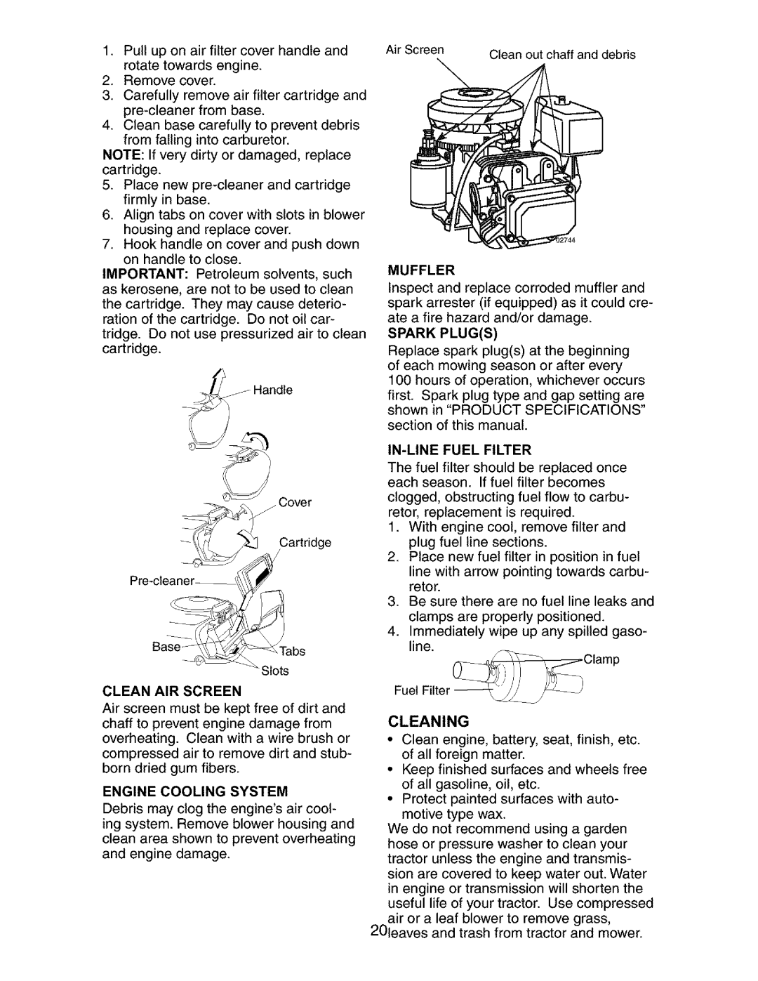 Craftsman 917.27267 owner manual Muffler, Spark Plugs, Clean AIR Screen, Engine Cooling System, Cleaning 