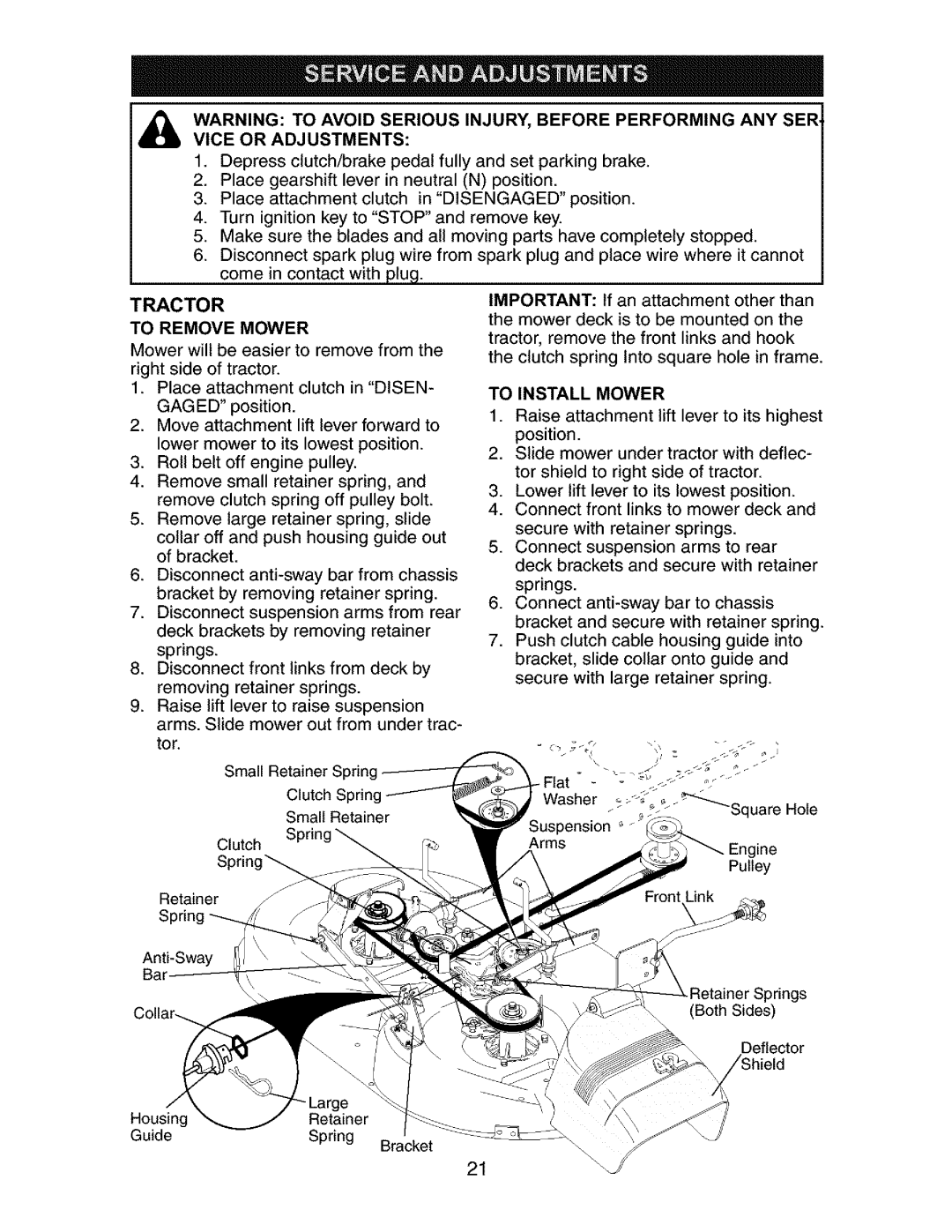 Craftsman 917.27267 owner manual Tractor To Remove Mower, To Install Mower 