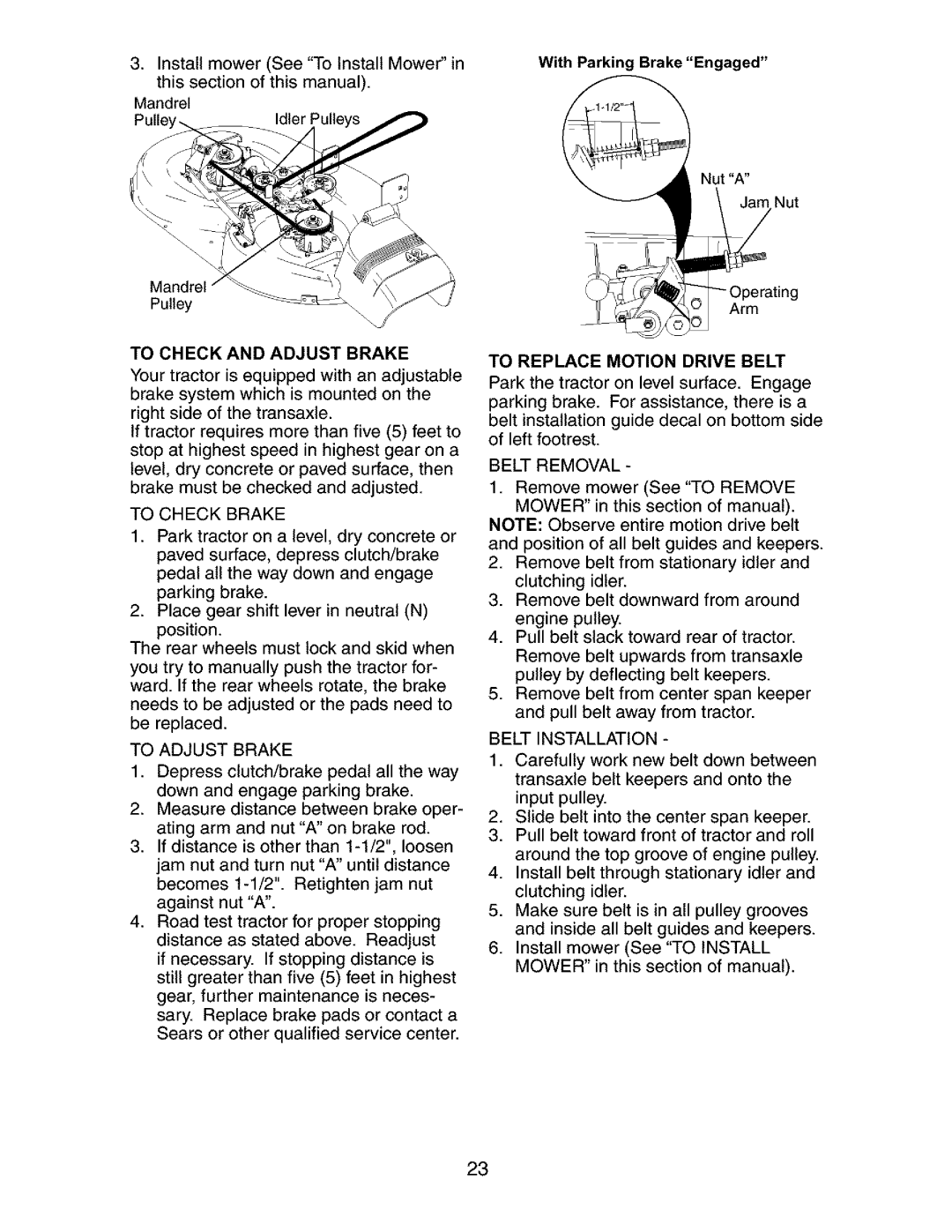 Craftsman 917.27267 owner manual To Adjust Brake 