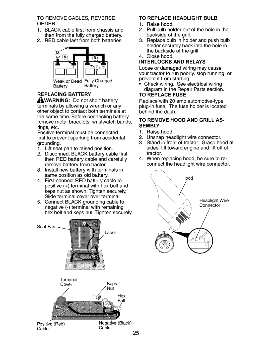 Craftsman 917.27267 owner manual Replacing Battery, To Replace Headlight Bulb, Interlocks and Relays, To Replace Fuse 