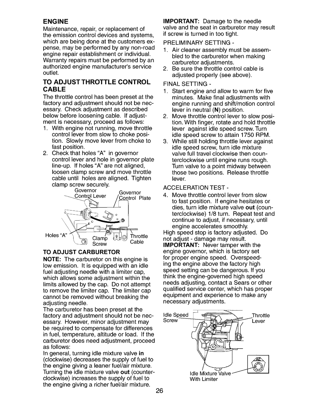 Craftsman 917.27267 To Adjust Throttle Control Cable, Engine, To Adjust Carburetor, Preliminary Setting, Final Setting 