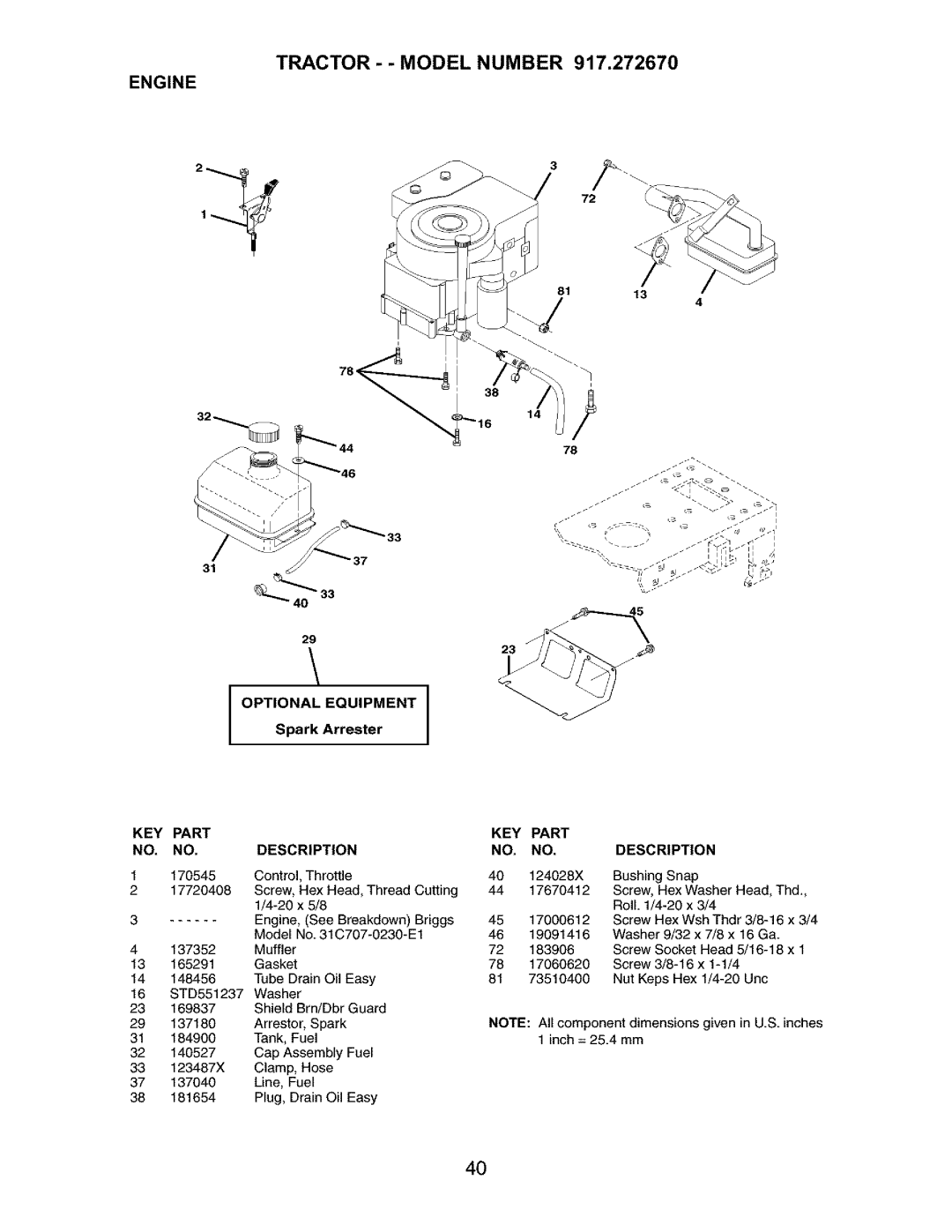 Craftsman 917.27267 owner manual Tractor - Model Number Engine, KEY Part NO, NO. Description 