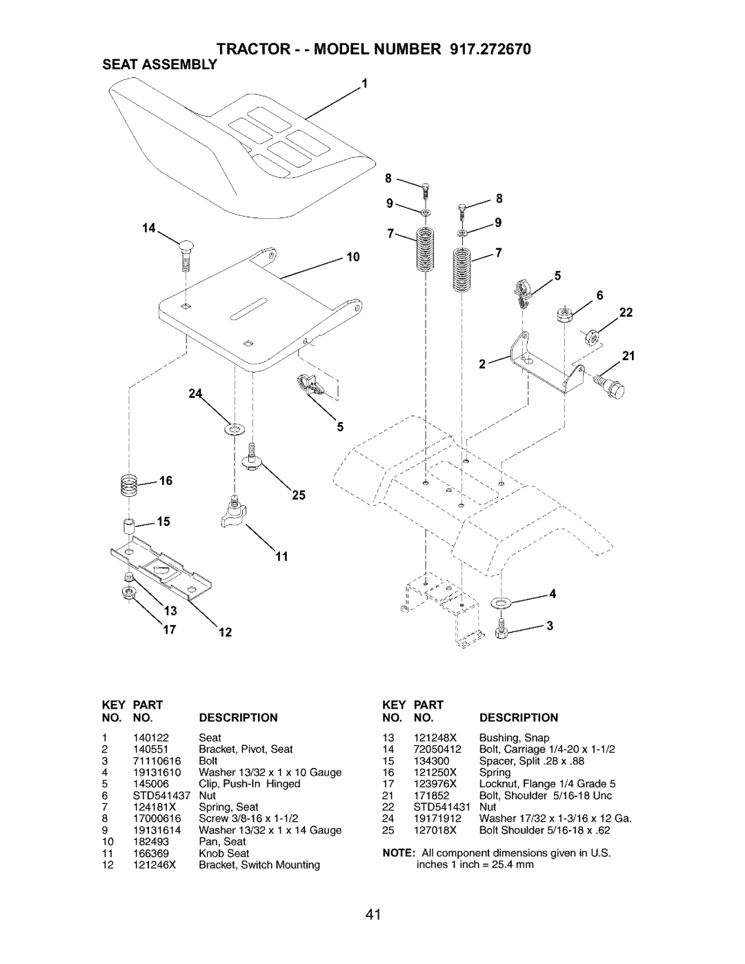 Craftsman 917.27267 owner manual Tractor - Model Number Seat Assembly, KEY Part Description 