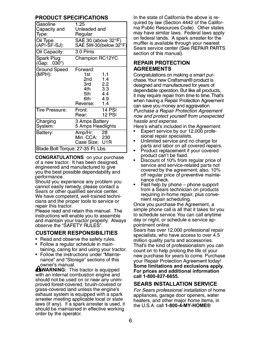 Craftsman 917.27267 owner manual Product Specifications, Customer Responsibilities, Repair Protection Agreements 