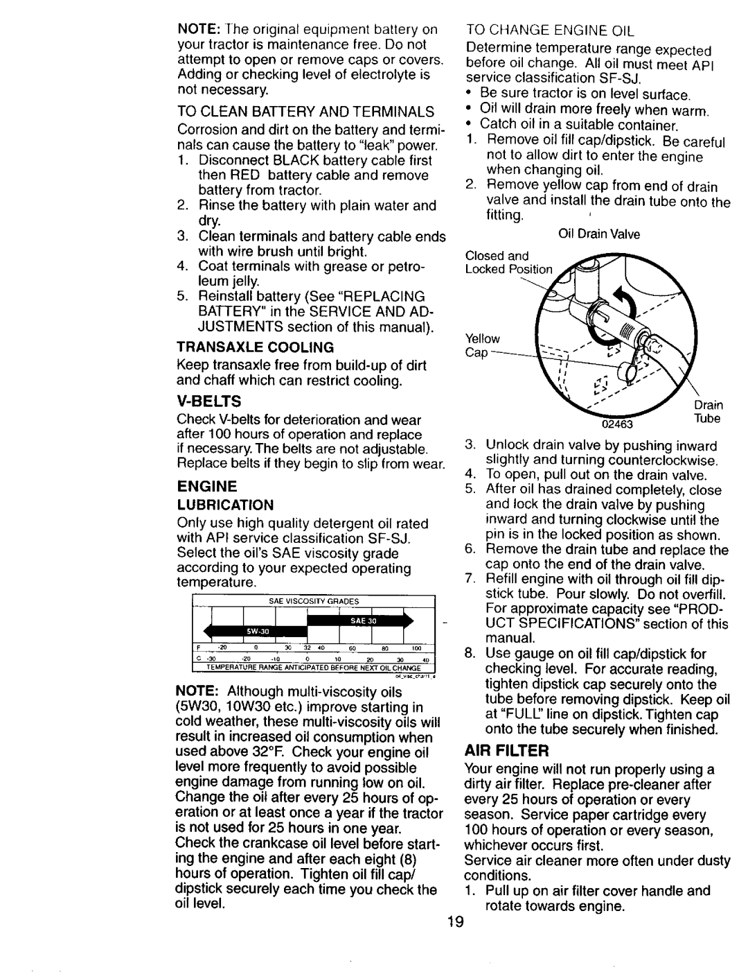 Craftsman 917272673 owner manual Transaxle Cooling, Belts, Engine Lubrication, AIR Filter 