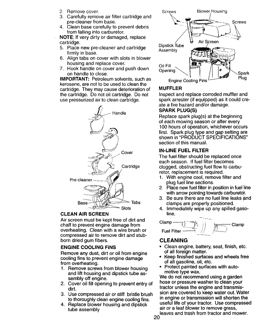 Craftsman 917272673 owner manual Muffler, Spark Plugs, IN-LINE Fuel Filter, Cleaning 