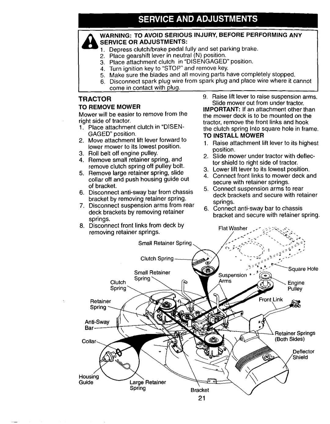 Craftsman 917272673 owner manual Tractor, To Remove Mower, To Install Mower 