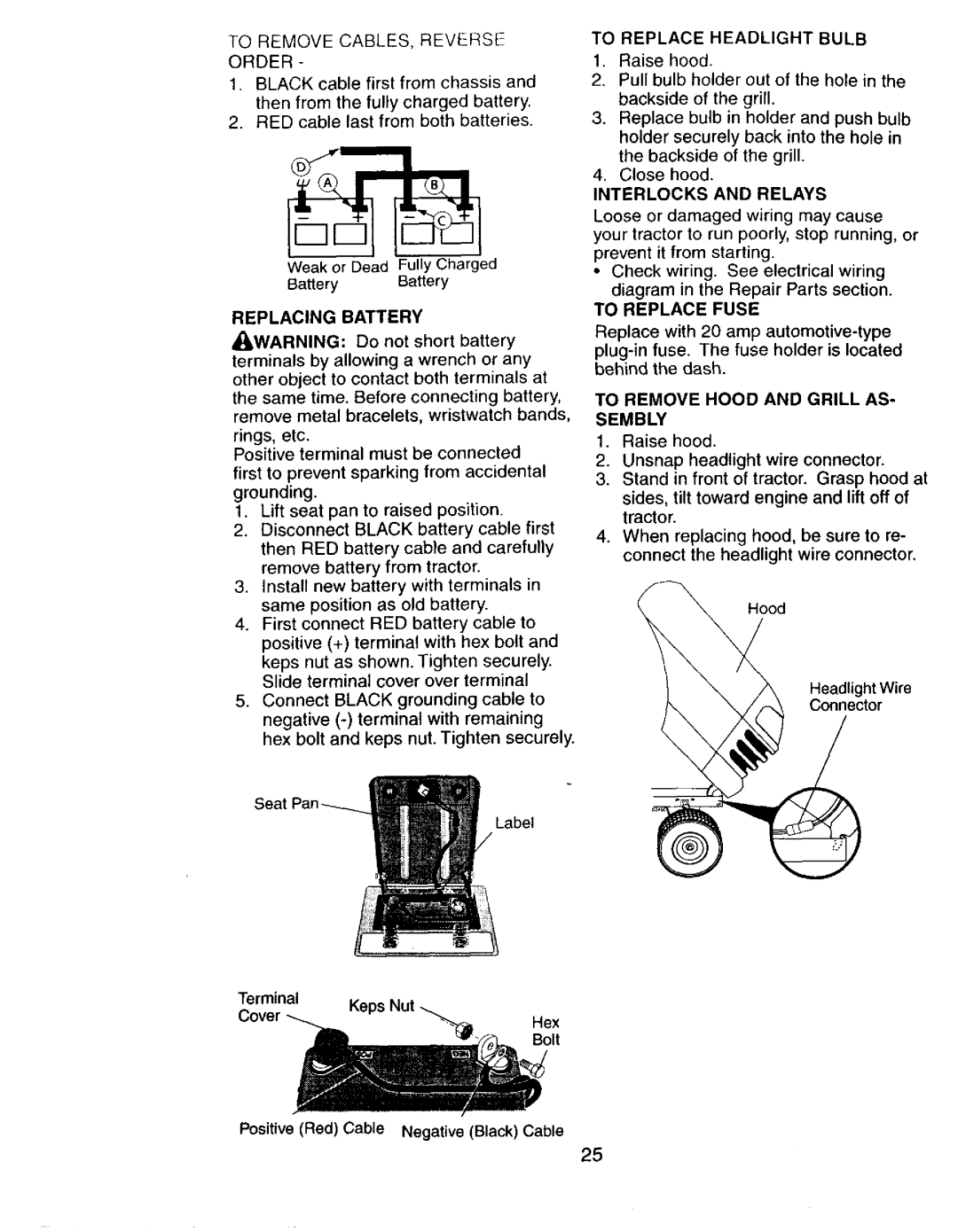 Craftsman 917272673 Replacing Battery, Do not short battery, To Replace Headlight Bulb, Terminal Keps Nut Cover 