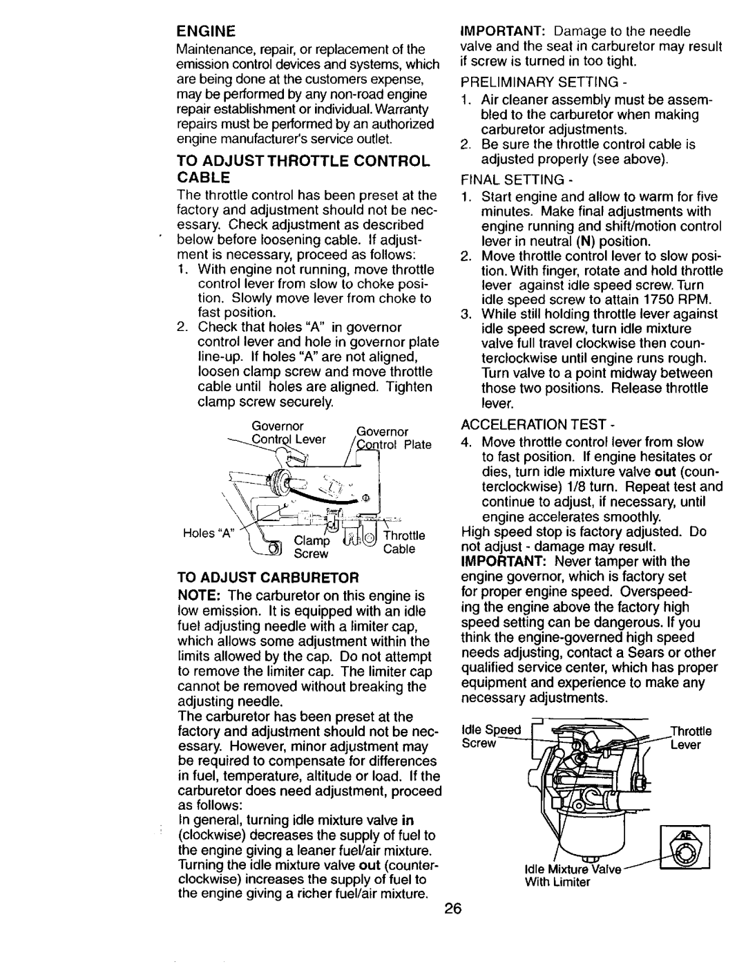 Craftsman 917272673 owner manual To Adjustthrottle Control Cable, To Adjust Carburetor, Preliminary Setting, Final Setting 