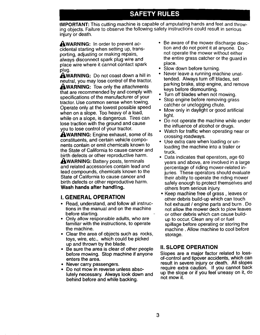 Craftsman 917272673 owner manual Wash hands after handling, II. Slope Operation 