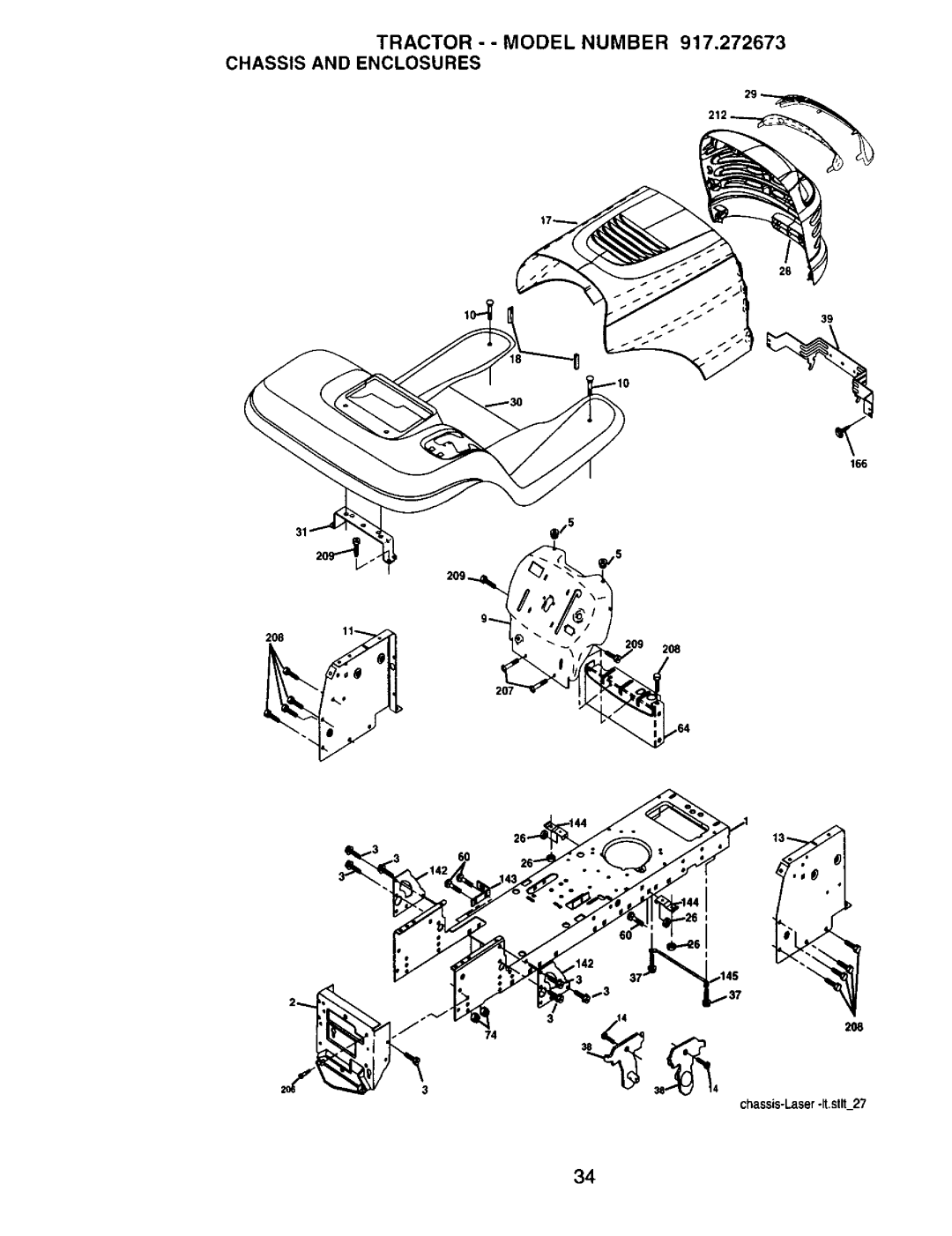 Craftsman 917272673 owner manual Tractor - Model Number 917.272673 Chassis and Enclosures, Chassis-Laser-It.stlt27 