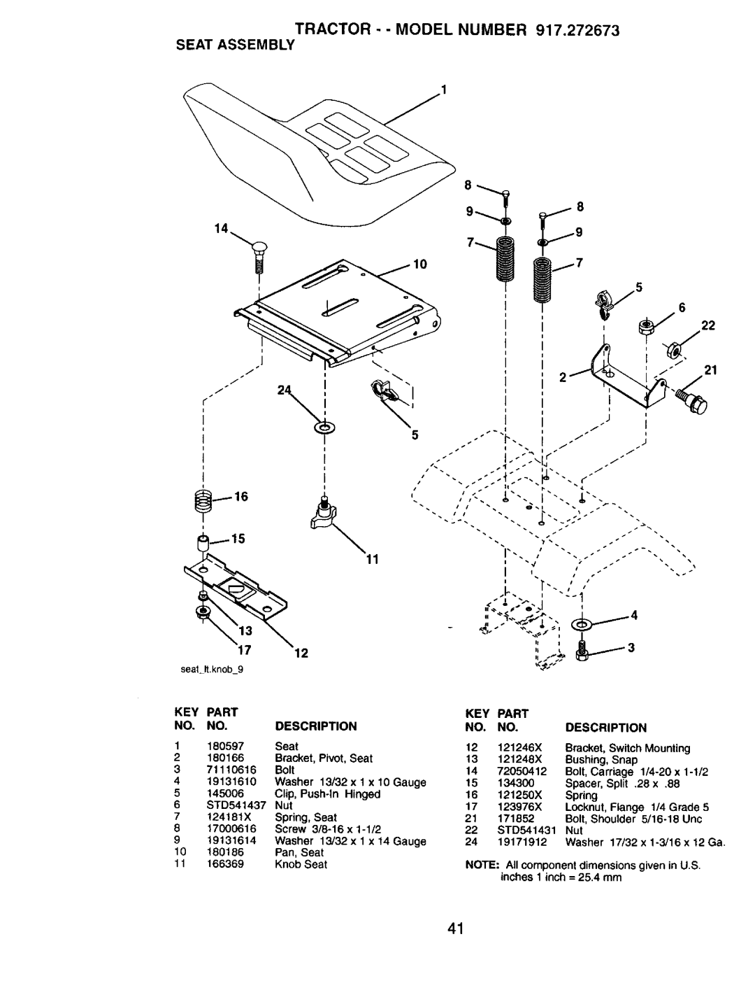 Craftsman 917272673 Tractor - Model Number 917.272673 Seat Assembly, Unc 17000616 Screw 16 x 1-1/2 STD541431 Nut 19131614 
