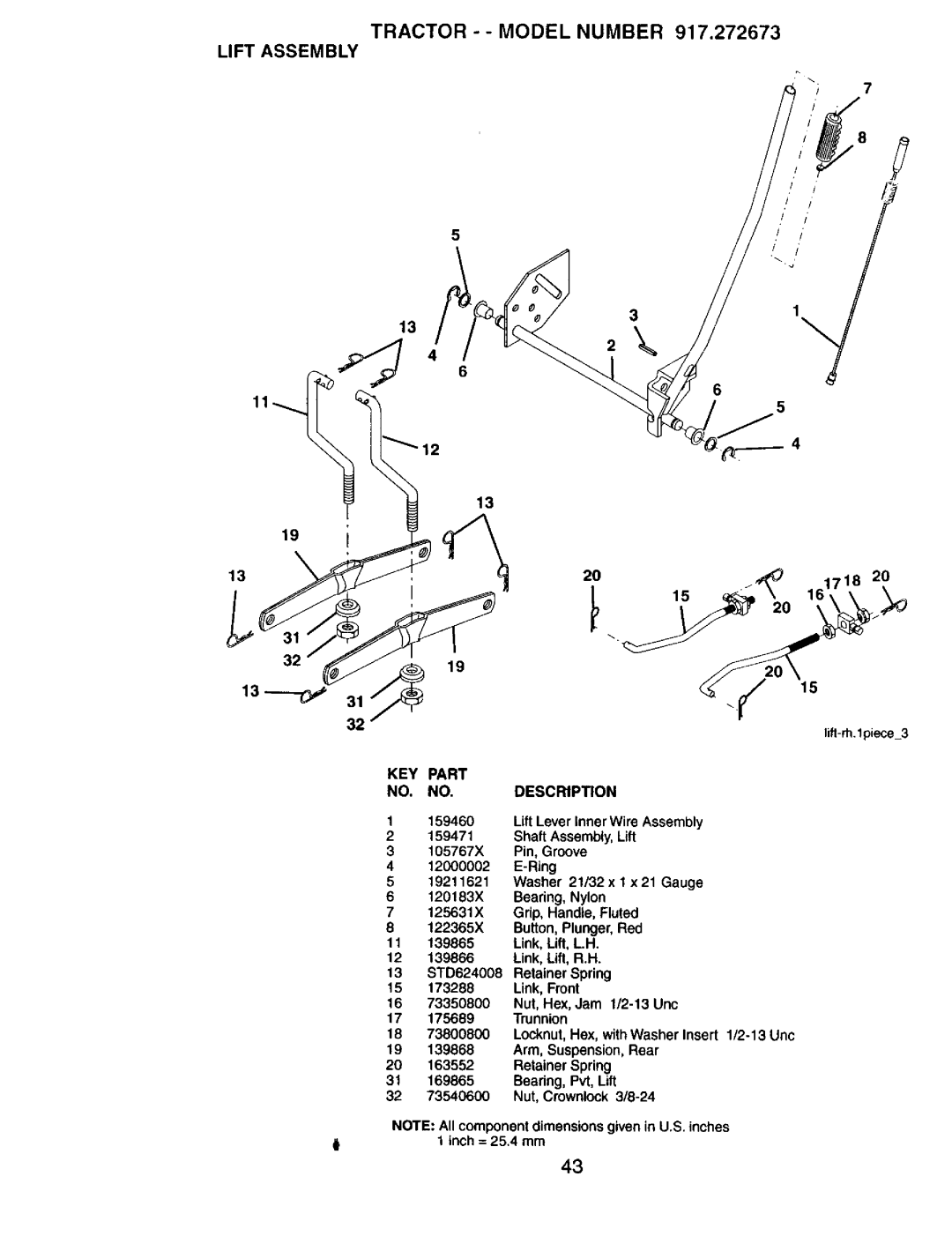 Craftsman 917272673 owner manual Tractor - Model Number Lift Assembly, 122365X Button, Plunger, Red, Link, Lift, L.H 